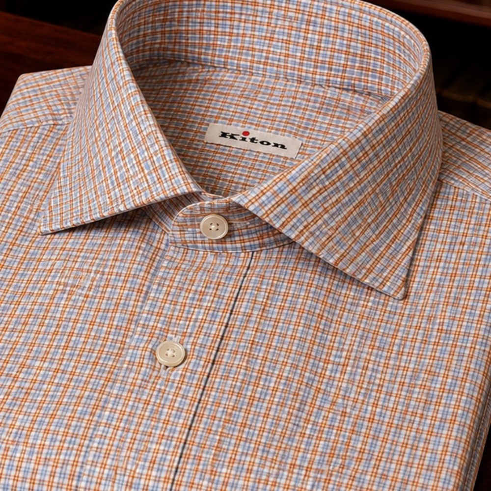 Kiton Orange and Blue Checked Cotton Dress Shirt